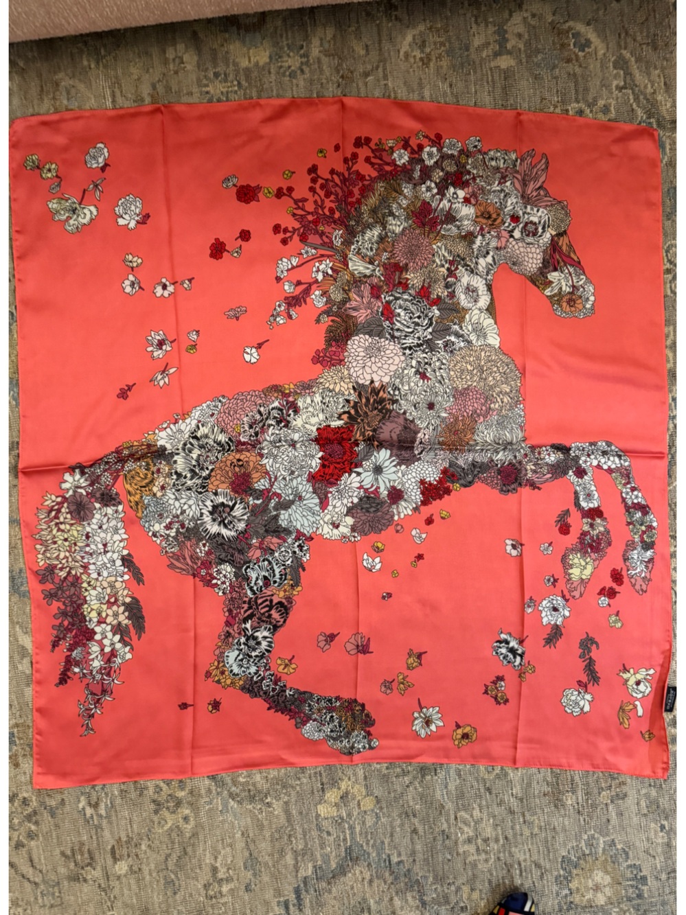 Luxury 90cm Silk Coral Floral Horse Scarf